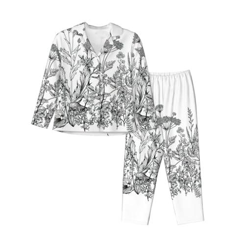 Ensemble pyjama confortable imprimé floral noir et blanc manches longues anti-froid