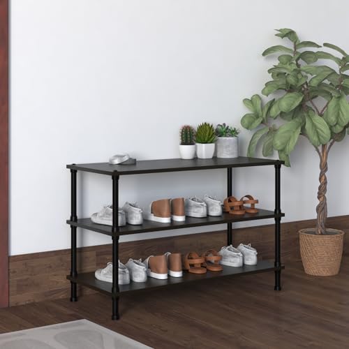 Image of TABLE MAGIC Jazz Shoe Rack Wooden Organizer | 3-Tier Multipurpose Shoes Stand for Home Wooden Shelves with & Steel Frame, Space-Saving Home Organizer, D30 x W60 x H46cm - Wenge