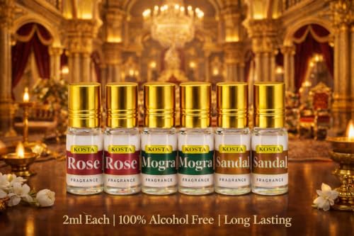 Image of KOSTA Attar Combo Pack of 6 (2ml Each) | Sandalwood (Chandan), Rose (Gulab) & Mogra Perfume Oils | Alcohol-Free Long Lasting Roll-On Attar for Men & Women