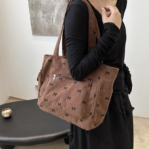 Tote Bag for Women Cute Corduroy Shoulder Bag Bow Tie Canvas Bags Large Capacity Travel Handbag4