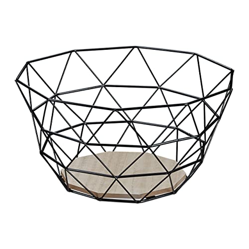 Relaxdays Centrotavola Portafrutta, Cestino Porta Frutta e Verdura da Tavola, Ferro e Legno, Design Industrial, Nero, 1 pz