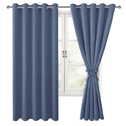 Hiasan Blackout Curtains for Bedroom, 60 x 63 Inches Length - Thermal Insulated & Light Blocking Window Curtains for Living Room/Kids Room, 2 Drape Panels Sewn with Tiebacks, Blue Haze