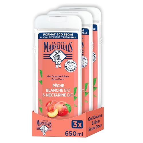 Le Petit Marseillais Gel Douche Extra Doux Pêche Blanche BIO & Nectarine BIO (lot de 3x650ml) – avec 92 % d'ingrédients d'origine naturelle – pH neutre pour la peau et sans colorant