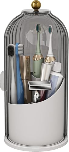 Image of Toothbrush Holder with Lid Bathroom Organizer Countertop, Rotating 3 Slots Electric Tooth Brush Toothpaste Holder Bathroom Counter Stand Sink Organizer Caddy for Vanity Makeup Brushes (Grey)