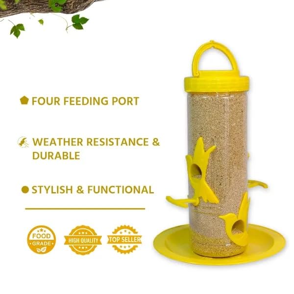 Image of Amijivdaya Medium Hanging Bird Feeder for Garden Balcony | 4 Feeding Ports | 700g Seed Capacity | Food-Grade Plastic | Easy Refill & Weatherproof (Yellow, Pack of 1)