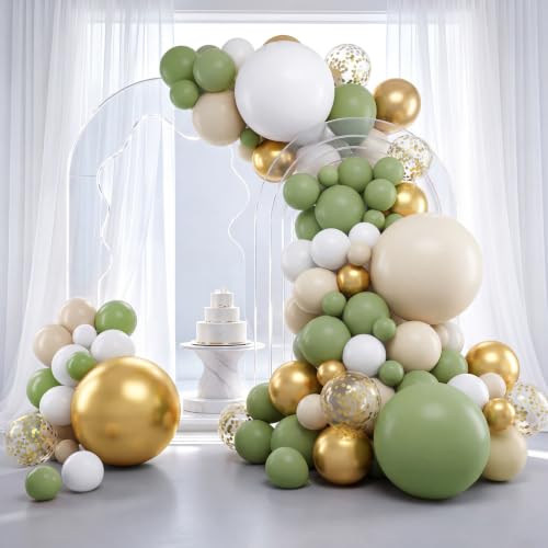 Image of RUBFAC Sage Green White Gold Balloon Garland Arch Kit 129pcs Different Sizes Pack of 18 12 10 5 Inch, Latex Sand White Cream Confetti Gold Balloon Garland Arch Kit for Birthday Engagement Wedding