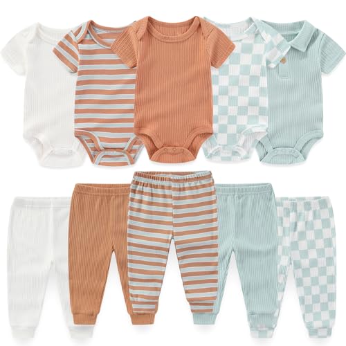 Image of falianni Baby Boy Girl 10 Piece Combined Type Clothing Set Cotton Baby Bodysuits and Pants Set Home Outdoor Infant Clothes