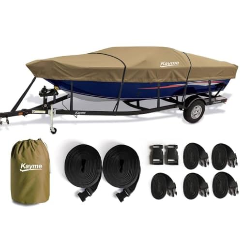 Kayme 1200D Heavy Duty Boat Cover for up to 15ft Boats - Waterproof, Tear Resistant with Reinforced Windproof Straps, Ideal for Fishing, Bass, Fish &