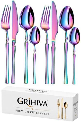 Image of 8 Pcs Rainbow Slim Handle Stainless Steel Cutlery Set for Dining Table with Spoons and Forks Set + Butterknives - The Perfect Tableware /Flatware