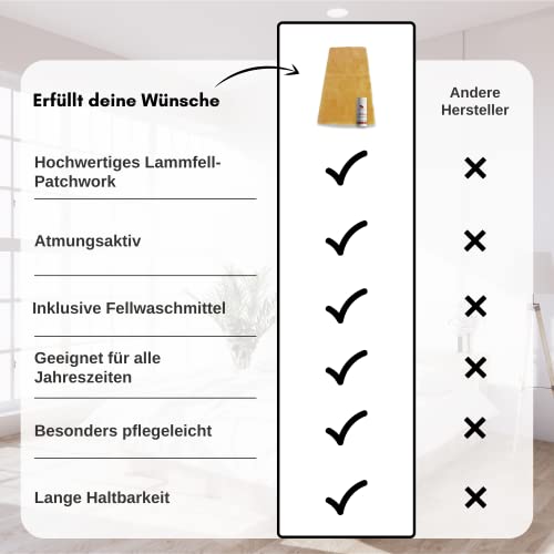 Bettfell/Bettauflage aus bestem Lammfell Patchwork inkl. Spezial-Waschmittel 200 ml – 150x70 cm– Atmungsaktiv – Gemütlich und wärmend – Temperaturausgleichend – Einfach zu pflegen und zu waschen