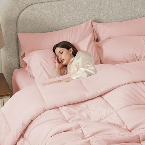 Anluoer Full Size Bed in a Bag 7 Pieces, Pink Bed Comforter Set with Sheets, All Season Bedding Sets with 1 Comforter, 2 Pillow Shams, 2 Pillowcases, 1 Flat Sheet, 1 Fitted Sheet