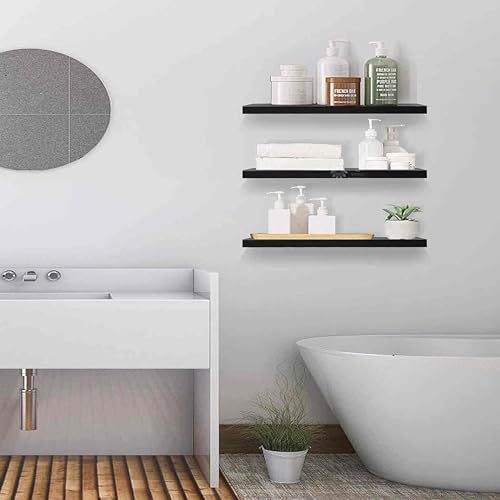 Image of Wooden Floating Wall Shelf| Wall Mount| Wall Rack| Wall Bracket for Home and Office Decor | Big Mounted Cabinets (XX-Large (24x8 inches), Set of 3, Black)