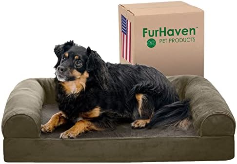 Furhaven Medium Orthopedic Dog Bed Faux Fur & Velvet Sofa-Style w/ Removable Washable Cover - Dark Sage, Medium