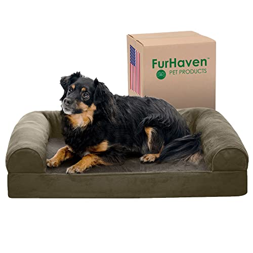 Furhaven Medium Orthopedic Dog Bed Faux Fur & Velvet Sofa-Style W/ Removable Washable Cover - Dark Sage, Medium #TOP4