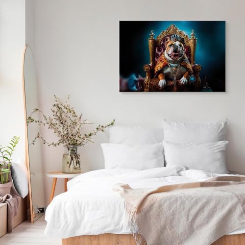 murando - Wandbilder Hund lustig 60x40 cm 1 tlg - Wand Deko Leinwand Bilder Groß Wanddeko Wohnzimmer Schlafzimmer Kunstdrucke Bild Englische Bulldogge König g-H-10052-b-a