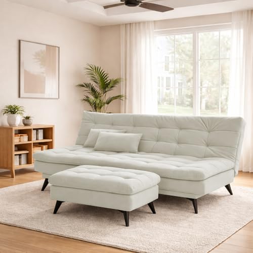 Image of Krancy Solid Wood 3 Seater Sofa Cum Bed with Ottomon | Convertible Wooden Couch for Living Room, Home & Office | Modern Designer Furniture | 1 Year Warranty | Beige Color