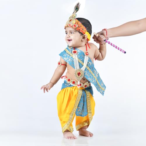 Image of ITSMYCOSTUME Krishna Dress for Baby Boy Kids Set of 10(Dhoti,Hip Cover,Patka,Mukut,Morpankh,Bansuri,Kamarband,Bajuband,Kundal) Little Krishna Ji Kanha Janmasthmi Costume
