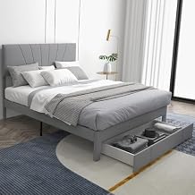 Queen Bed Frame with Storage Drawer, Upholstered Mattress Foundation with Wood Slats & Adjustable Headboard, No Box Spring Needed, Noise Free, Modern Platform Bed Queen