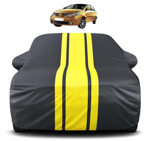 Image of Auto Hub Car Cover Compatible with Tata Manza with Mirror Pocket, Soft Cotton Lining, Manza Car Cover Waterproof - Yellow-Black
