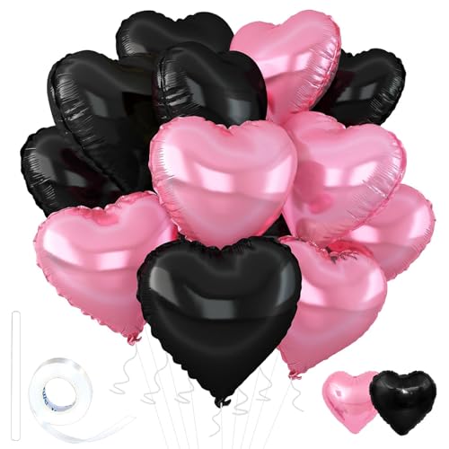 Image of Pink-Black Heart Balloons,18inch Pink Heart Shaped Foil Balloons & Black Foil Balloon for Anniversary Wedding Birthday Party Baby Shower Valentines Day Decorations(12Pcs)