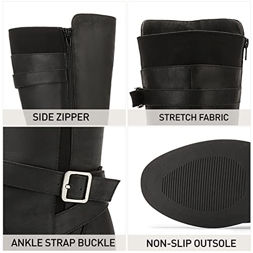 ALLOT Women's Knee High Boots Stretchy Fashion Riding Boot Flat Low Heel Buckle Strap Winter Motorcycle Shoes4