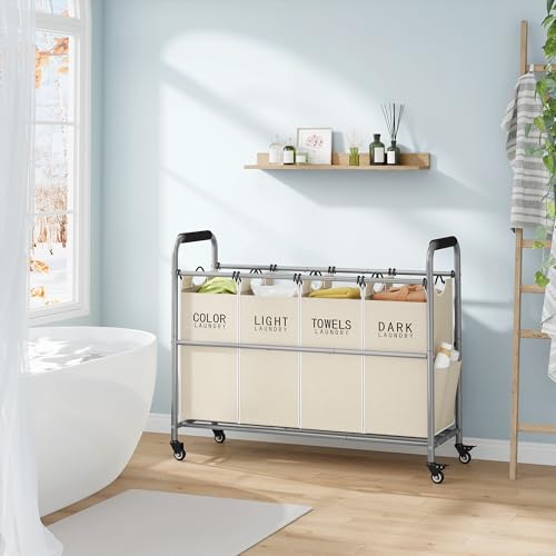 Tajsoon 4 Bag Laundry Sorter Cart, 4 Section Laundry Hamper Sorter with Heavy Duty Lockable Rolling Wheels, Laundry Separator Hamper with Removable Bags for Dirty Clothes Storage, Beige by Tajsoon - Image 6