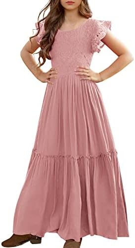 MITILLY Girls Lace Flower Ruffle Sleeve A-Line Swing Wedding Party Long Maxi Dress with Pockets 12 Years Pink