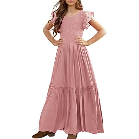 MITILLY Girls Lace Flower Ruffle Sleeve A-Line Swing Wedding Party Long Maxi Dress with Pockets 12 Years Pink Cover