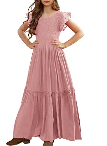 Image of MITILLY Girls Lace Flower Wedding Guest Long Maxi Dress for 6-12 Years | Girls Boho Dress, Girls' Special Occasion Dresses, Wedding Party, Size 6-12 Years, Ruffle Sleeve, A Line, With Pockets