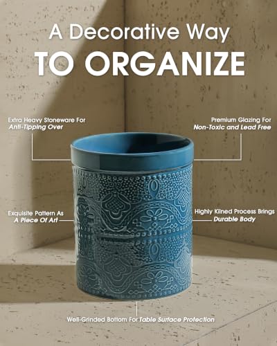 Image of FUN ELEMENTS Kitchen Utensil Holder, 7.2 inch Super Large Utensil Crock Heavy and Stable Lace Emboss Ceramic Utensil Holder for Kitchen Counter (Grayish Blue)