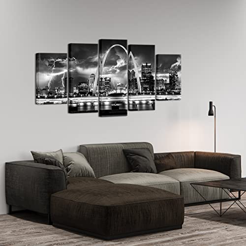 Fushvre Black And White City Canvas Wall Art Night St Louis Arch Skyline View With Lightning Picture Prints Modern Missouri Cityscape Painting For Home Living Room Bedroom Wall Decor Framed #TOP1