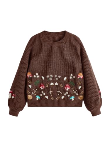 SHENHE Women's Oversized Embroidered Mushroom Sweater Chunky Knit Pullover