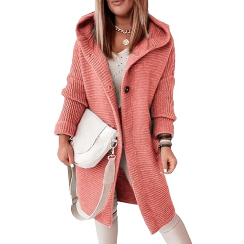 Womens 2024 Hooded Cardigans Winter Button Up Cable Knit Sweater Coat Solid Color Open Front Outerwear Sweatshirts (Large,Pink 1)