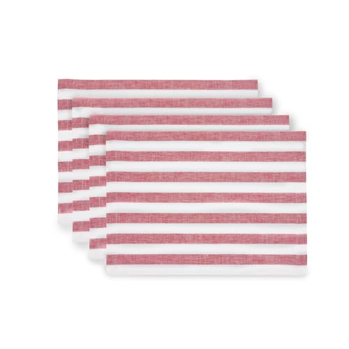 Solino Home 100% Pure Linen Placemats, 14 x 19 in, Red Striped, Set of 4