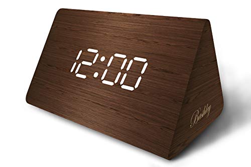 Bashley - Reloj Digital de Escritorio con Alarma de Madera LED, triángulo, Moderno, con Fecha y Control de Temperatura de Sonido, para niños, Dormitorio, hogar, Oficina y marrón