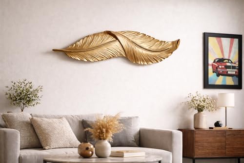 Image of UJALAVISTA Feather Shape Wall Lamp | 65cm Acrylic Fancy Wall Light | 3-Color LED (Warm /Natural /Cool) | Modern Decorative Wall Sconce for Living Room & Bedroom (White Feather) (1, Gold)