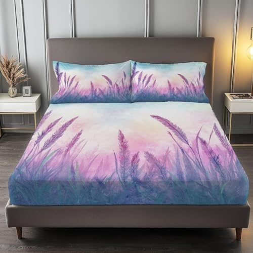 TACOKI Sabanas Bajeras 150x190 Flores Moradas Sábanas Bajeras Jardín Ajustable Suave y Cómoda Sabana Bolsillo Profundo 30 cm, para Grueso Colchón, Sabanas Cama 150 d4379