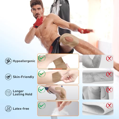 Image of PreCut Kinesiology Tape for Knees, 24PCS Waterproof KTQUICK Knee Tape for Knee Pain Relief Pre Cut, Original Cotton Athletic Knee Tape, Waterproof & Hypoallergenic Latex-Free for Sports(Beige)