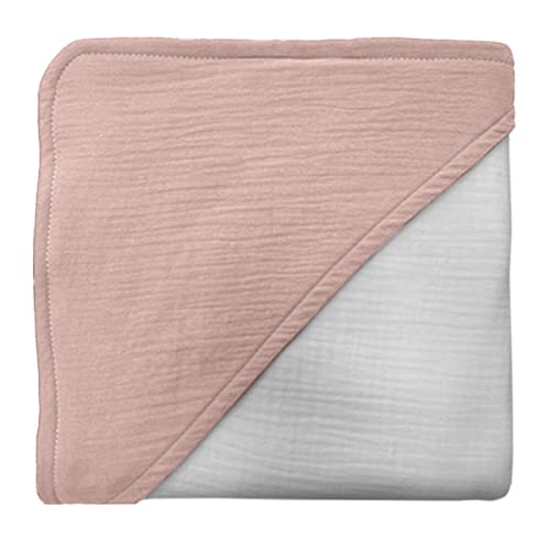 Mimuselina.Toalla bebé, Capa de baño doble capa de MUSELINA 100% ALGODÓN, ABSORBENTE. Seca muy bien. Extra grande (1x1m) goma al cuello y capucha. Ideal para piel atópica. (Capucha bambula rosa)