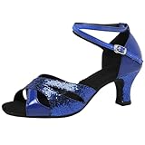 WUIWUIYU Women Dance Shoes 2.2' Ankle Strap Dancing Heels for Ballroom Salsa Tango Flamenco Latin Paso Doble Footwears Blue Size 8