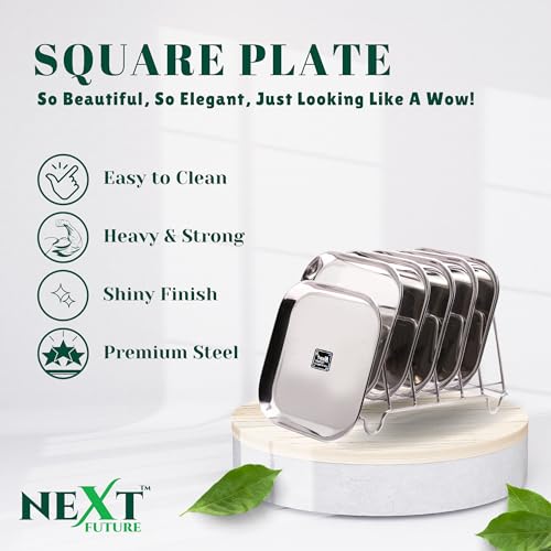 Image of Next Future Stainless Steel Breakfast /Lunch /Dinner Plate Set of 6 with High Shiny Polish (Heavy Gauge) Medium Size Square Plates - Diameter: 8 Inches / 21 cms