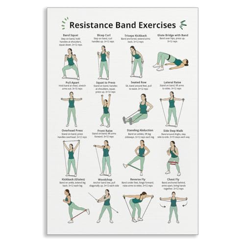 Resistance Band Workout Poster, Full Body Resistance Band Exercises Charts for Women, Home Workout Canvas Wall Art, Core Strength Training and Fitness Guide Gym Wall Decor 12x16in Unframed