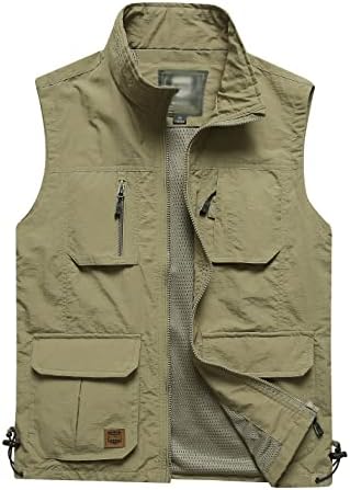 Gnveub Men’s Fishing Vest Outdoor Work Quick-Dry Hunting Zip Reversible Travel Vest Jacket with Multi Pockets (Khaki, x_l)