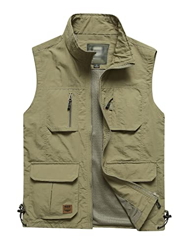 Gnveub Men’s Fishing Vest Outdoor Work Quick-Dry Hunting Zip Reversible Travel Vest Jacket With Multi Pockets (Khaki, X_L) #TOP8
