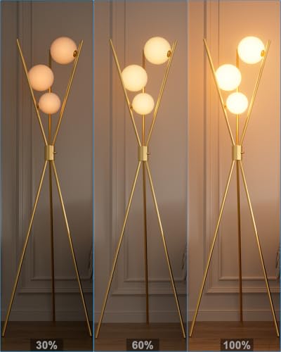 Image of Lightdot Tripod Floor Lamp Stepless Dimmable Globe Modern Floor Lamp Gold Standing Lamps with Stable Base& 3PCS 3000K Bulbs Included Mid Century Floor Lamps for Living Room /Sofa Beside /Corner Decor