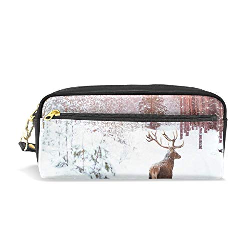 Preisvergleich Produktbild Ahdyr Bleistiftetui Waldbaum Schnee Tierhirsch PU Leder Bleistiftbeutel Reißverschluss Stiftbeutelhalter Student Stationary Cosmetic Makeup Bag
