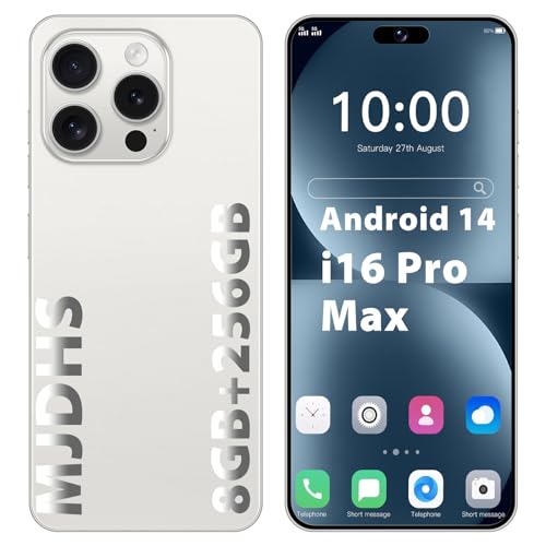 MJDHS i16 Pro MAX Smartphone Barato, 7.3in HD 1440x3200 Pixels, se Puede Ampliar a 128 GB, Android 14, Dos Ranuras de Tarjetas sim, 72mp Front + 108mp Rear Doble cámara(Size:8GB+256GB,Color:Blanco)