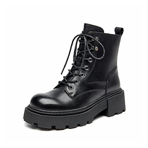 Botas hasta el Tobillo para Mujer, Botines de Cuero de Vaca auténtico con Plataforma y Punta Redonda, Botines Retro para Motocicleta Hechos a Mano