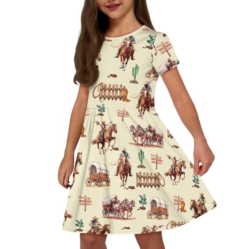 Short Sleeve Dresses for Girls School Dress with Pockets Twirly Skater Dress for 3-14 Years Old