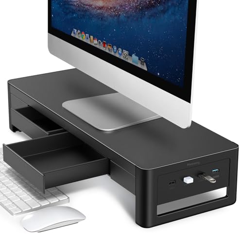 meatanty 2 In 1 Monitor Stand Riser with 2 Storage Drawers and 4 USB Ports, Metal Computer Monitor Stand Supports...